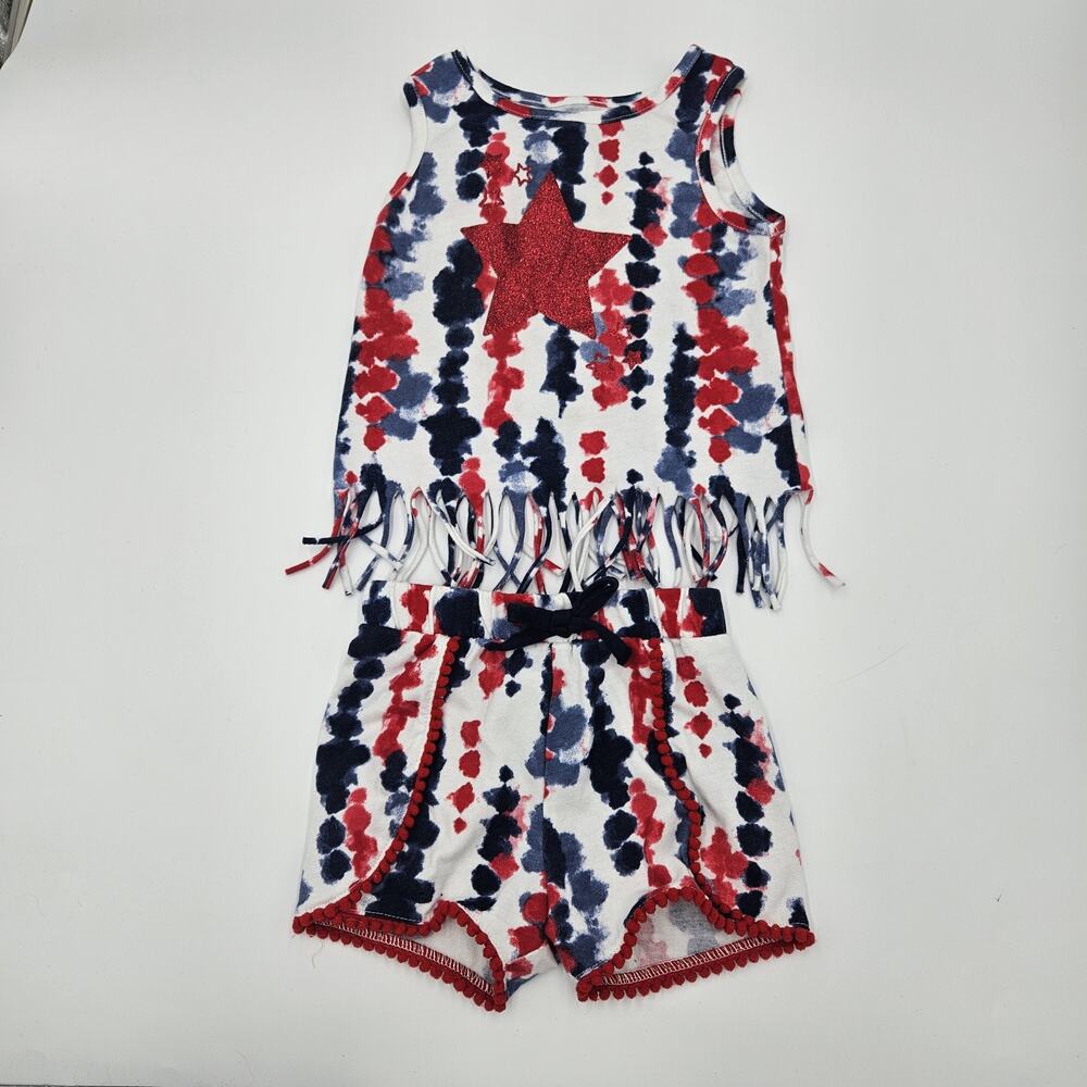 Red White Blue Girls 2T Tank Fringe Pom Pom Hem Line Shorts Outfit Tie Dye 4th